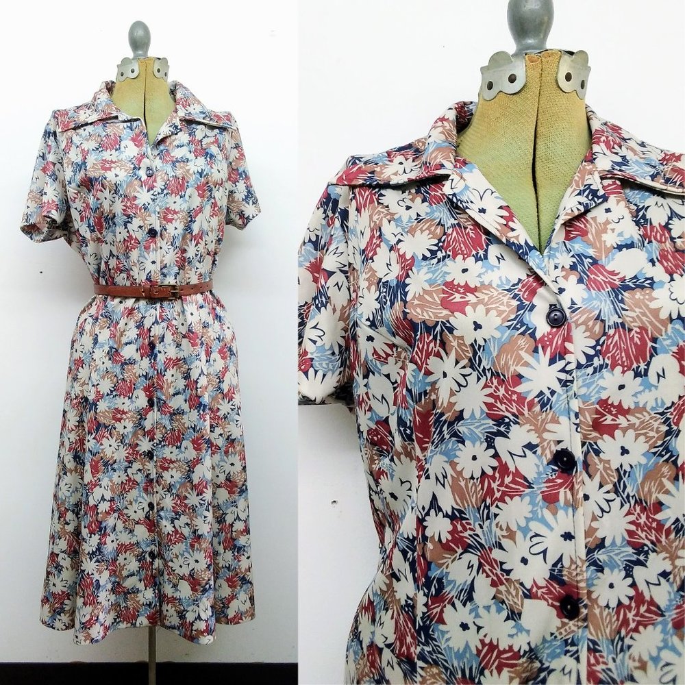Vintage 60s/70s Volup Shirt Dress Retro Floral Button Front Day Dress